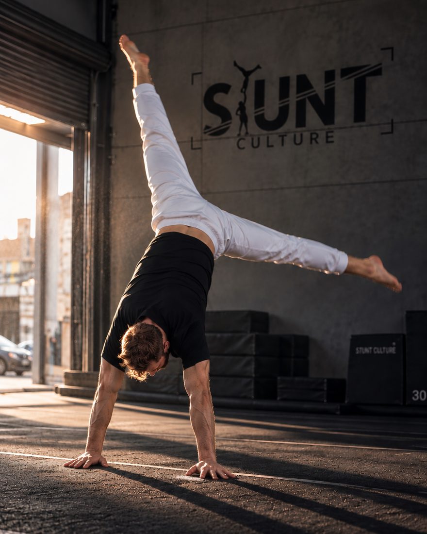 Athlete in a split handstand