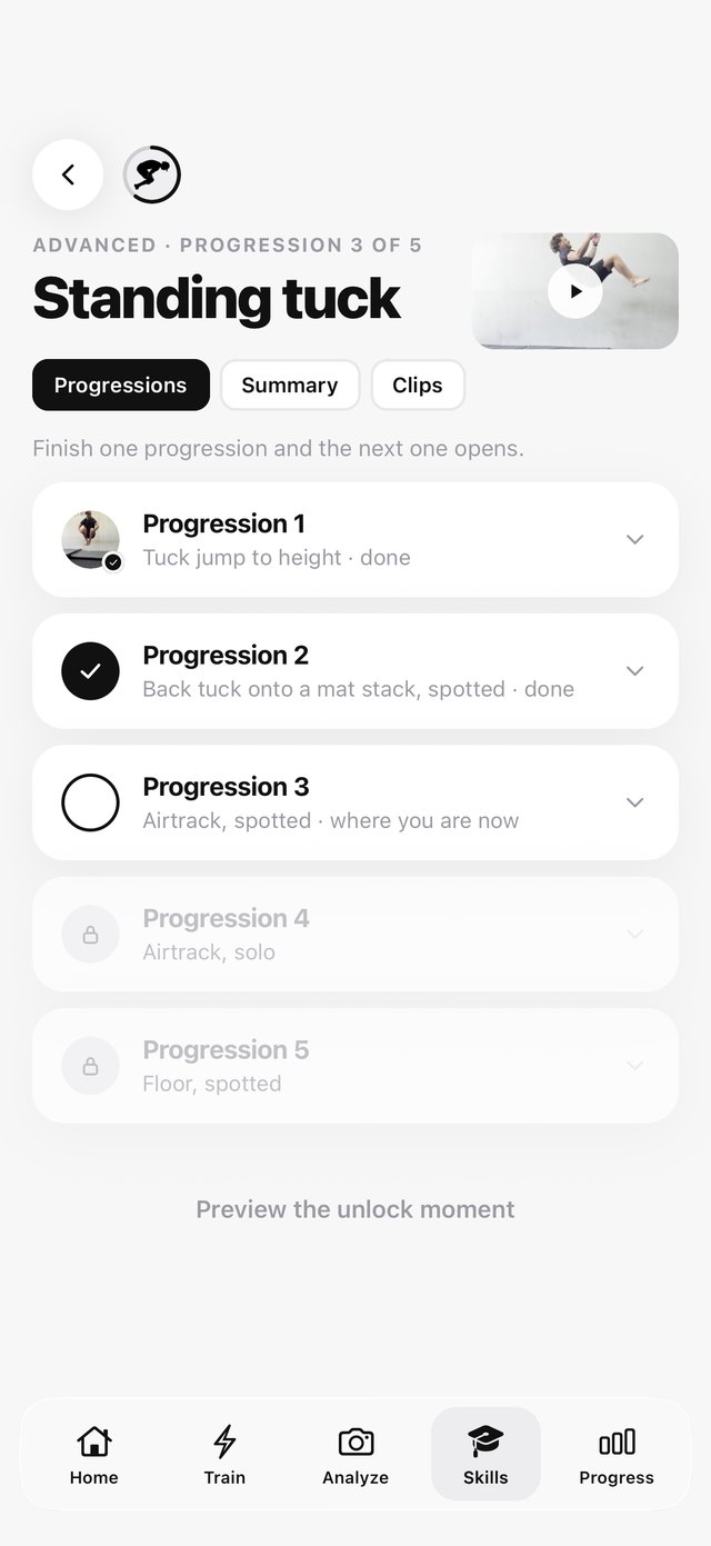 The standing tuck's progressions
